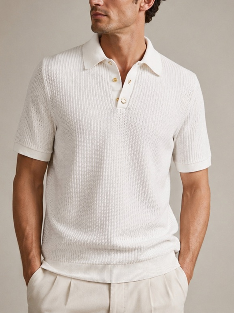 Reiss White Textured Knit Polo Shirt